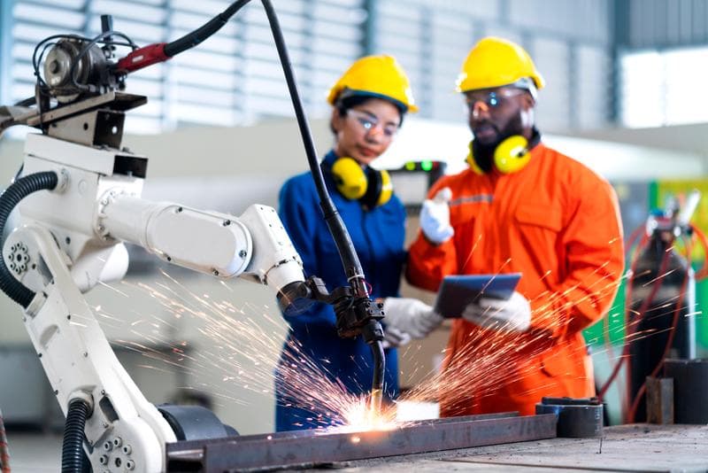 Engineers supervising robotic welding process